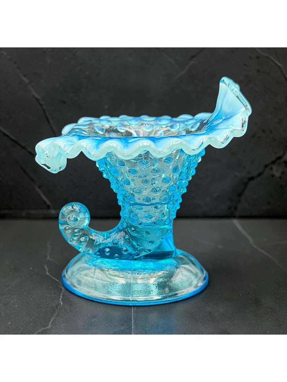 Vintage Fenton Blue Opalescent Hobnail Cornucopia Vase Candleholder 4.5